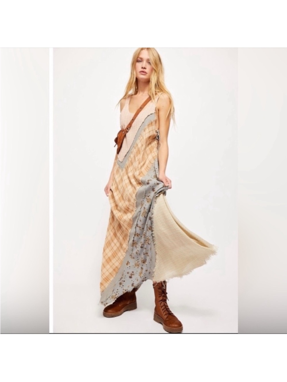 Free People Patchwork Maxi Dress in Beige, Tan & Light Blue